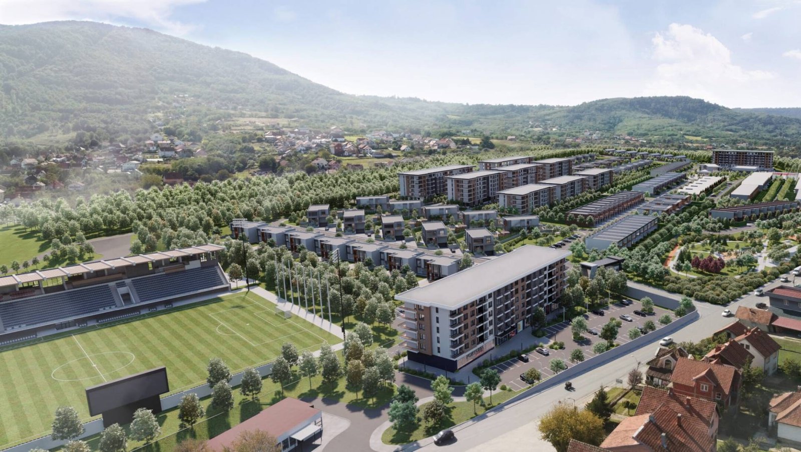 Render naselja Bekatown iz vazduha: stadion, kuće u nizu, zgrade i park, u kadru Aranđelovca.